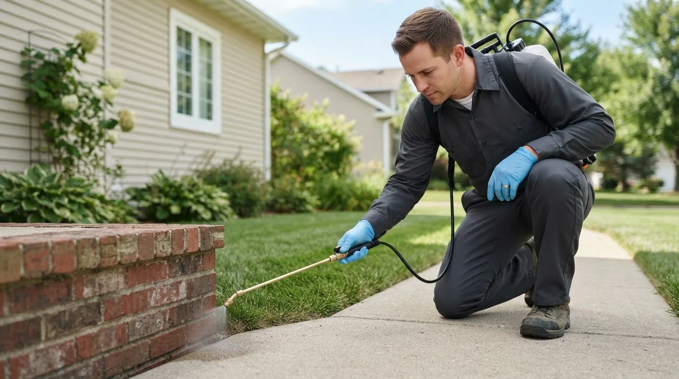 Pest control technician treating a home near Thurston, OH